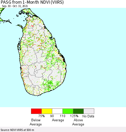 Sri Lanka PASG from 1-Month NDVI (VIIRS) Thematic Map For 10/21/2021 - 10/31/2021
