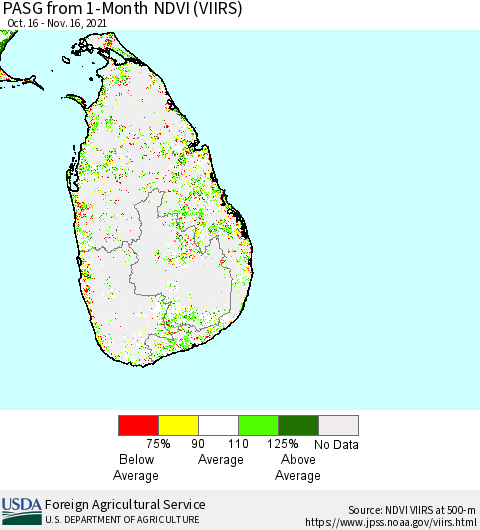 Sri Lanka PASG from 1-Month NDVI (VIIRS) Thematic Map For 11/11/2021 - 11/20/2021