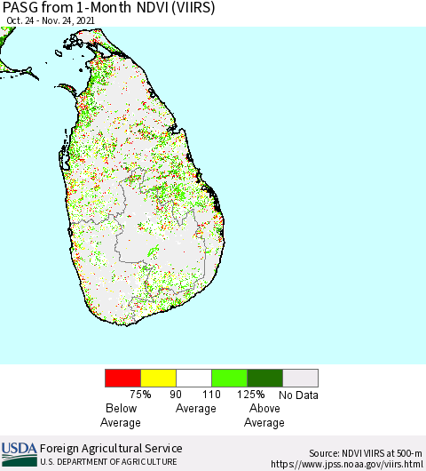 Sri Lanka PASG from 1-Month NDVI (VIIRS) Thematic Map For 11/21/2021 - 11/30/2021