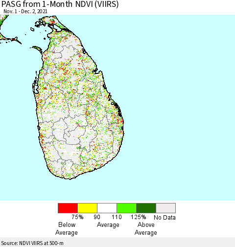 Sri Lanka PASG from 1-Month NDVI (VIIRS) Thematic Map For 11/25/2021 - 12/2/2021