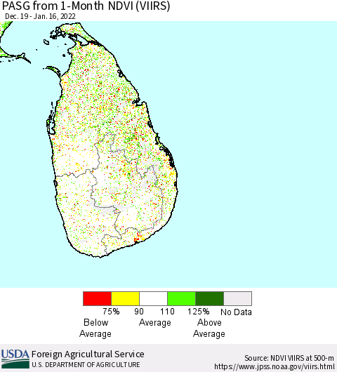Sri Lanka PASG from 1-Month NDVI (VIIRS) Thematic Map For 1/11/2022 - 1/20/2022