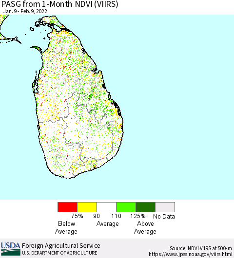 Sri Lanka PASG from 1-Month NDVI (VIIRS) Thematic Map For 2/1/2022 - 2/10/2022