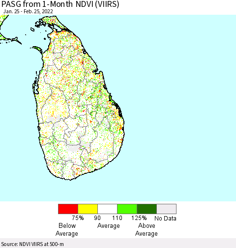 Sri Lanka PASG from 1-Month NDVI (VIIRS) Thematic Map For 2/18/2022 - 2/25/2022