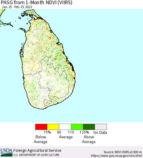Sri Lanka PASG from 1-Month NDVI (VIIRS) Thematic Map For 2/21/2022 - 2/28/2022