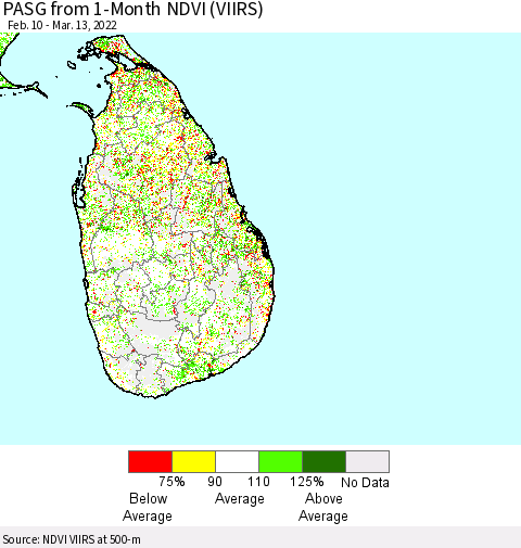 Sri Lanka PASG from 1-Month NDVI (VIIRS) Thematic Map For 3/6/2022 - 3/13/2022