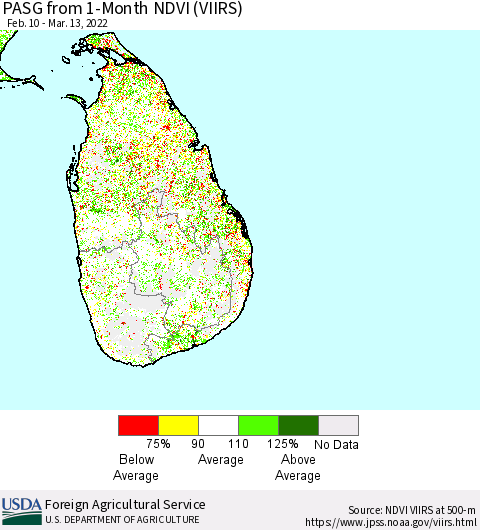 Sri Lanka PASG from 1-Month NDVI (VIIRS) Thematic Map For 3/11/2022 - 3/20/2022
