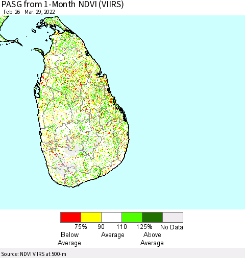 Sri Lanka PASG from 1-Month NDVI (VIIRS) Thematic Map For 3/22/2022 - 3/29/2022