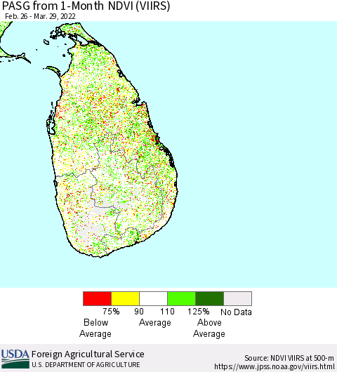 Sri Lanka PASG from 1-Month NDVI (VIIRS) Thematic Map For 3/21/2022 - 3/31/2022