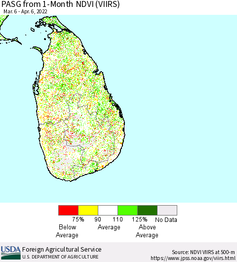 Sri Lanka PASG from 1-Month NDVI (VIIRS) Thematic Map For 4/1/2022 - 4/10/2022