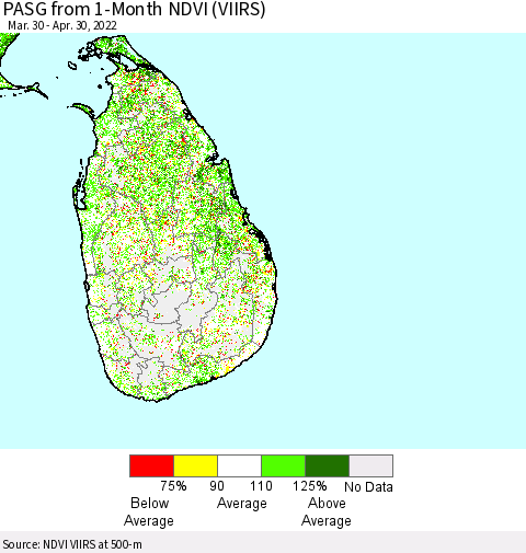 Sri Lanka PASG from 1-Month NDVI (VIIRS) Thematic Map For 4/21/2022 - 4/30/2022
