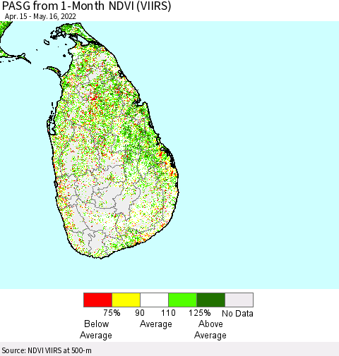 Sri Lanka PASG from 1-Month NDVI (VIIRS) Thematic Map For 5/9/2022 - 5/16/2022
