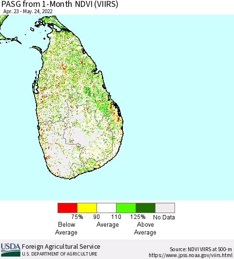 Sri Lanka PASG from 1-Month NDVI (VIIRS) Thematic Map For 5/21/2022 - 5/31/2022