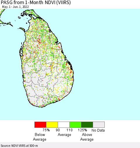 Sri Lanka PASG from 1-Month NDVI (VIIRS) Thematic Map For 5/25/2022 - 6/1/2022