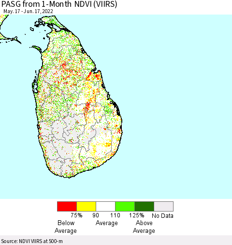 Sri Lanka PASG from 1-Month NDVI (VIIRS) Thematic Map For 6/10/2022 - 6/17/2022