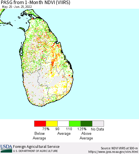 Sri Lanka PASG from 1-Month NDVI (VIIRS) Thematic Map For 6/21/2022 - 6/30/2022