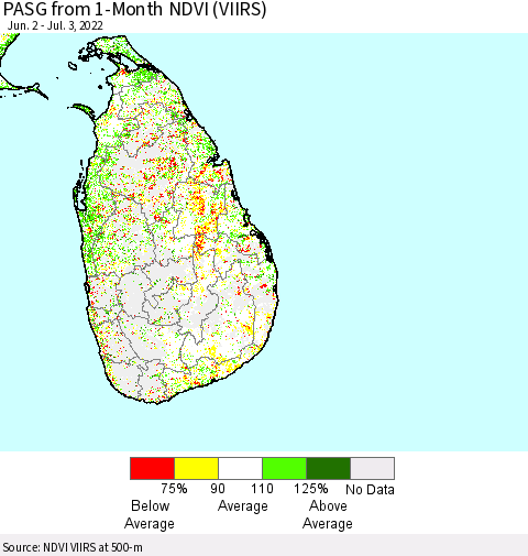 Sri Lanka PASG from 1-Month NDVI (VIIRS) Thematic Map For 6/26/2022 - 7/3/2022