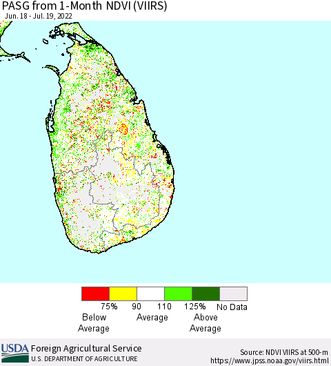 Sri Lanka PASG from 1-Month NDVI (VIIRS) Thematic Map For 7/11/2022 - 7/20/2022