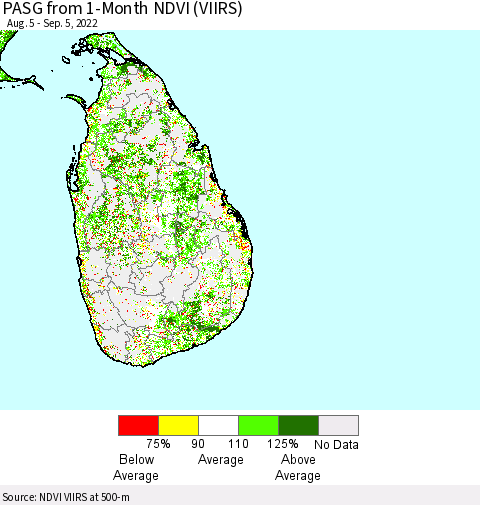 Sri Lanka PASG from 1-Month NDVI (VIIRS) Thematic Map For 8/29/2022 - 9/5/2022