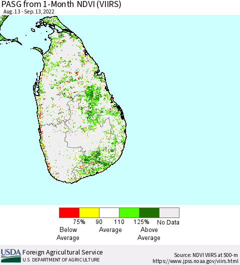 Sri Lanka PASG from 1-Month NDVI (VIIRS) Thematic Map For 9/11/2022 - 9/20/2022