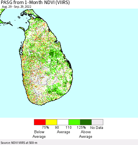 Sri Lanka PASG from 1-Month NDVI (VIIRS) Thematic Map For 9/22/2022 - 9/29/2022