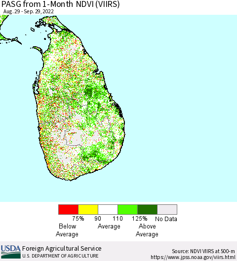 Sri Lanka PASG from 1-Month NDVI (VIIRS) Thematic Map For 9/21/2022 - 9/30/2022