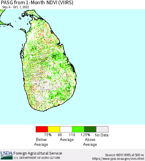 Sri Lanka PASG from 1-Month NDVI (VIIRS) Thematic Map For 10/1/2022 - 10/10/2022