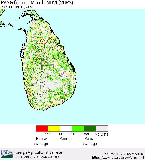 Sri Lanka PASG from 1-Month NDVI (VIIRS) Thematic Map For 10/11/2022 - 10/20/2022