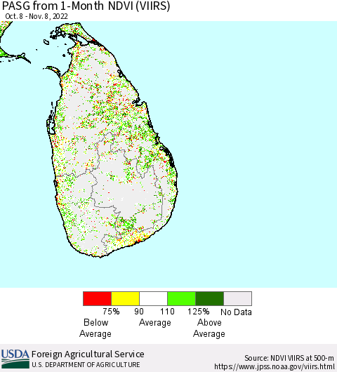 Sri Lanka PASG from 1-Month NDVI (VIIRS) Thematic Map For 11/1/2022 - 11/10/2022
