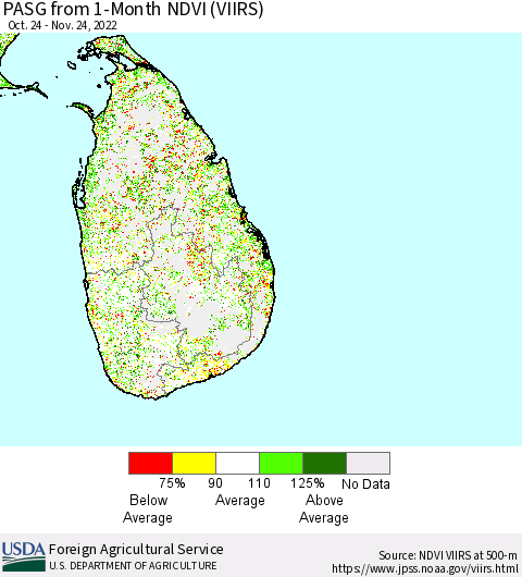 Sri Lanka PASG from 1-Month NDVI (VIIRS) Thematic Map For 11/21/2022 - 11/30/2022