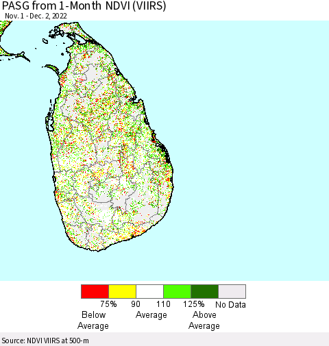 Sri Lanka PASG from 1-Month NDVI (VIIRS) Thematic Map For 11/25/2022 - 12/2/2022