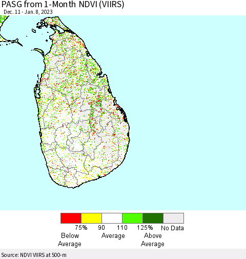 Sri Lanka PASG from 1-Month NDVI (VIIRS) Thematic Map For 1/1/2023 - 1/8/2023
