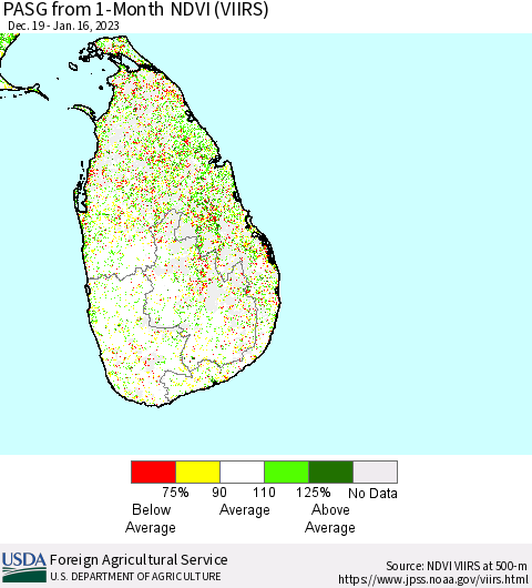Sri Lanka PASG from 1-Month NDVI (VIIRS) Thematic Map For 1/11/2023 - 1/20/2023