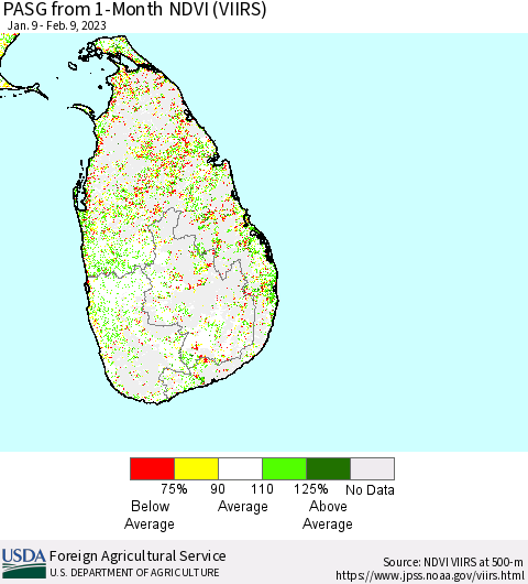 Sri Lanka PASG from 1-Month NDVI (VIIRS) Thematic Map For 2/1/2023 - 2/10/2023