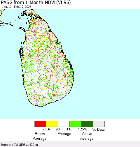 Sri Lanka PASG from 1-Month NDVI (VIIRS) Thematic Map For 2/10/2023 - 2/17/2023