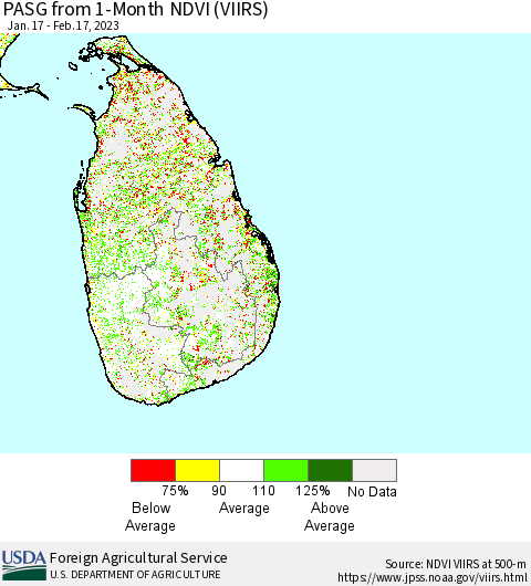Sri Lanka PASG from 1-Month NDVI (VIIRS) Thematic Map For 2/11/2023 - 2/20/2023
