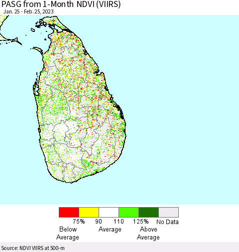 Sri Lanka PASG from 1-Month NDVI (VIIRS) Thematic Map For 2/18/2023 - 2/25/2023