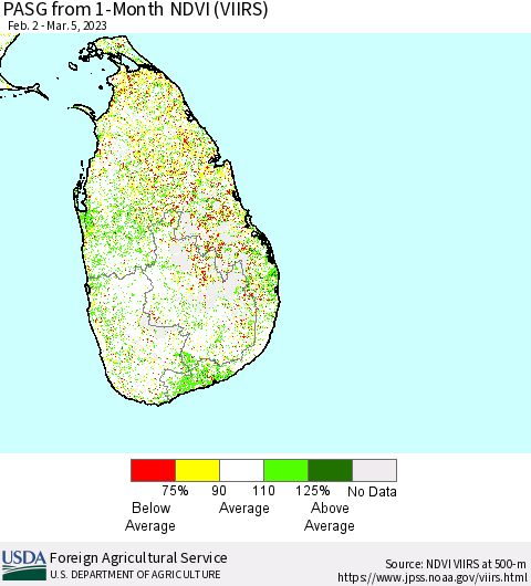 Sri Lanka PASG from 1-Month NDVI (VIIRS) Thematic Map For 3/1/2023 - 3/10/2023