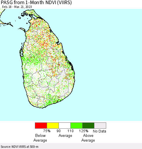 Sri Lanka PASG from 1-Month NDVI (VIIRS) Thematic Map For 3/14/2023 - 3/21/2023