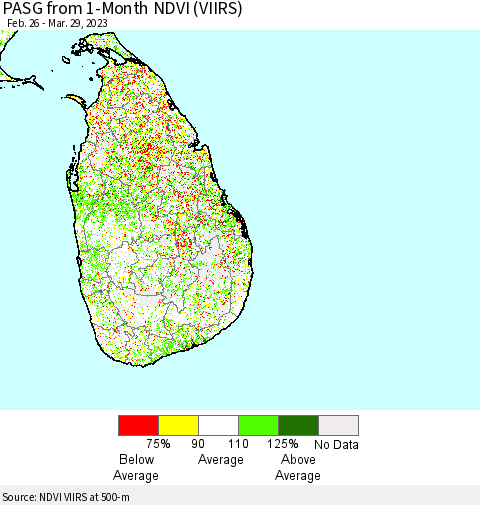 Sri Lanka PASG from 1-Month NDVI (VIIRS) Thematic Map For 3/22/2023 - 3/29/2023