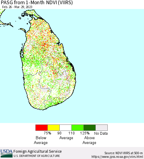 Sri Lanka PASG from 1-Month NDVI (VIIRS) Thematic Map For 3/21/2023 - 3/31/2023