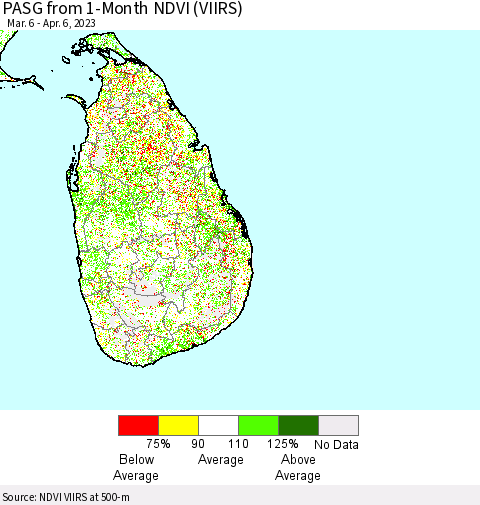 Sri Lanka PASG from 1-Month NDVI (VIIRS) Thematic Map For 3/30/2023 - 4/6/2023