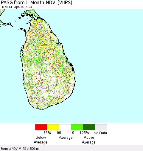 Sri Lanka PASG from 1-Month NDVI (VIIRS) Thematic Map For 4/7/2023 - 4/14/2023