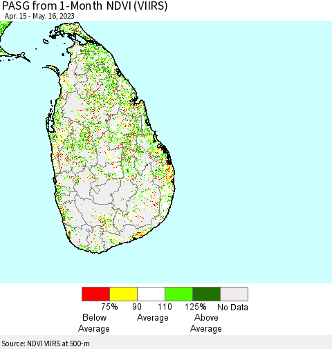Sri Lanka PASG from 1-Month NDVI (VIIRS) Thematic Map For 5/9/2023 - 5/16/2023