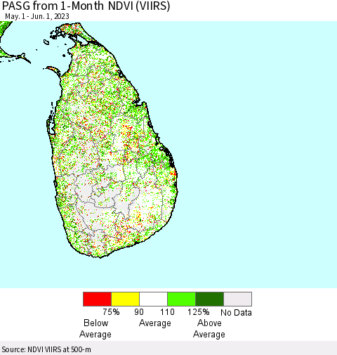Sri Lanka PASG from 1-Month NDVI (VIIRS) Thematic Map For 5/25/2023 - 6/1/2023
