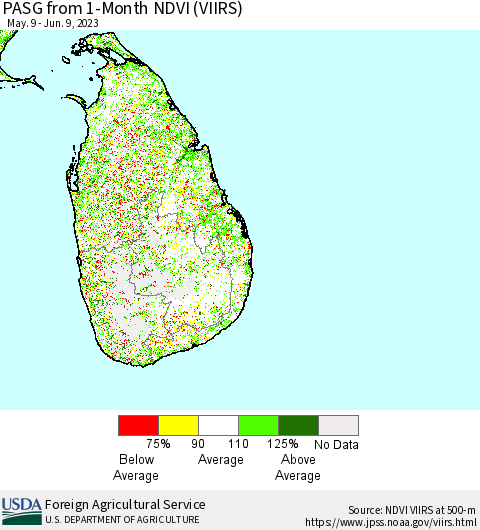Sri Lanka PASG from 1-Month NDVI (VIIRS) Thematic Map For 6/1/2023 - 6/10/2023