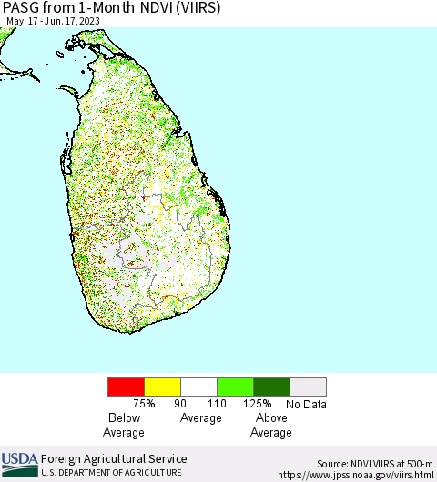 Sri Lanka PASG from 1-Month NDVI (VIIRS) Thematic Map For 6/11/2023 - 6/20/2023