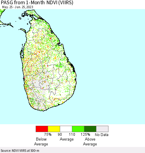 Sri Lanka PASG from 1-Month NDVI (VIIRS) Thematic Map For 6/18/2023 - 6/25/2023