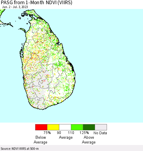 Sri Lanka PASG from 1-Month NDVI (VIIRS) Thematic Map For 6/26/2023 - 7/3/2023