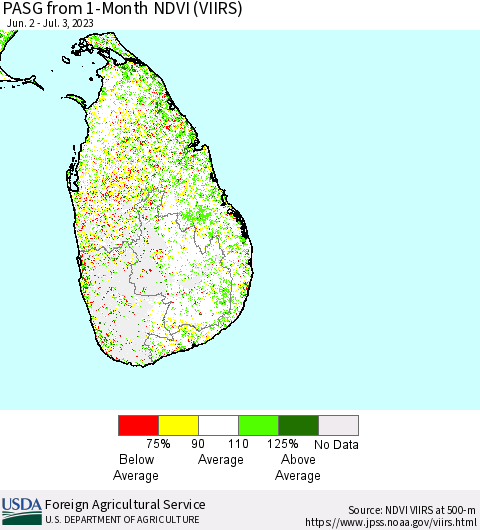 Sri Lanka PASG from 1-Month NDVI (VIIRS) Thematic Map For 7/1/2023 - 7/10/2023