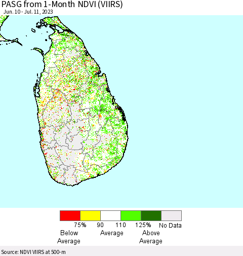 Sri Lanka PASG from 1-Month NDVI (VIIRS) Thematic Map For 7/4/2023 - 7/11/2023